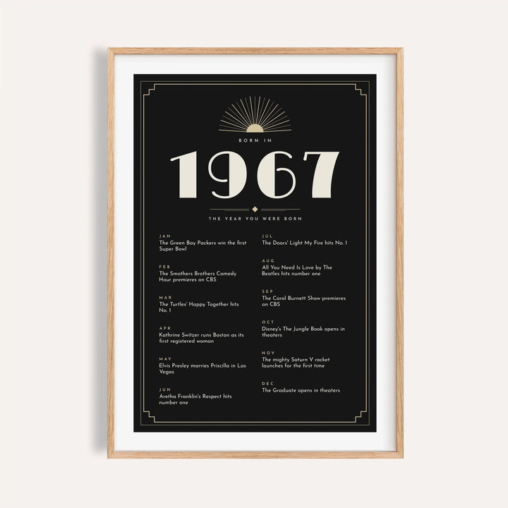 1967 Art Deco print in cream on black on a plain warm wall