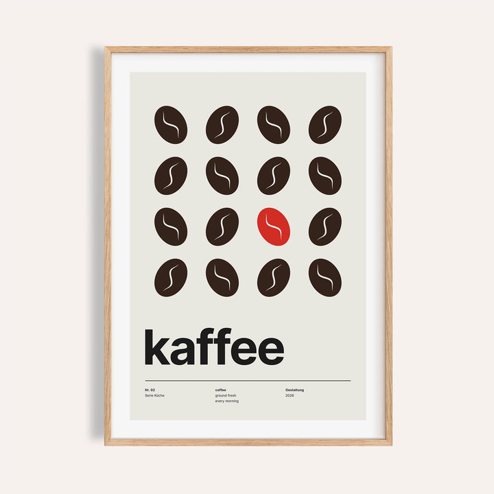 Coffee bean grid kitchen print shown on a plain warm wall