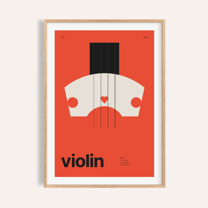Violin bridge close up print shown on a plain warm wall