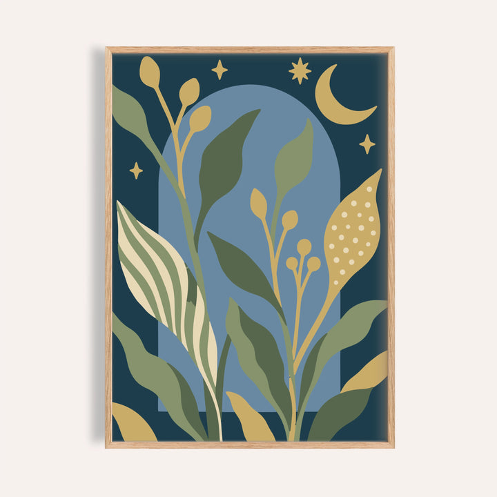 Celestial wall art of a night garden shown on a plain warm wall