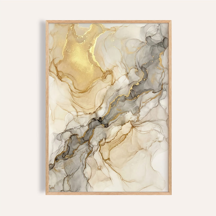 Vertical poster showing fluid cream, grey and gold marble-like forms