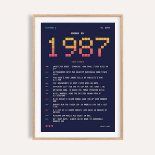 1987 pixel art print in arcade sunset colours on a plain warm wall