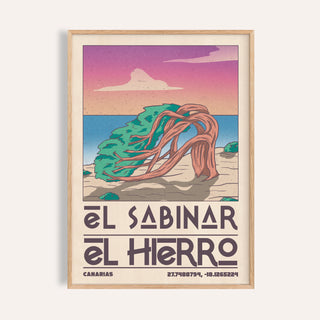 El Hierro poster of a wind bent juniper above the sea under a pink sunset sky