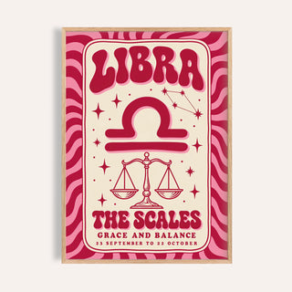 Libra wall art print with melty LIBRA lettering, balance scales and pink stripes