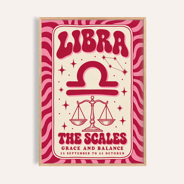 Libra wall art print with melty LIBRA lettering, balance scales and pink stripes