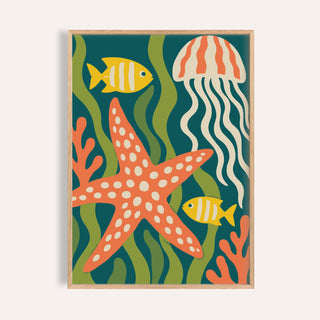 Sea creatures print with a starfish shown on a plain warm wall