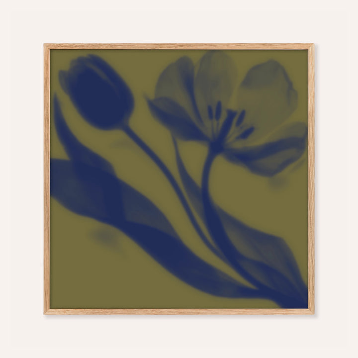 olive tulip print showing tulips in soft focus on olive green