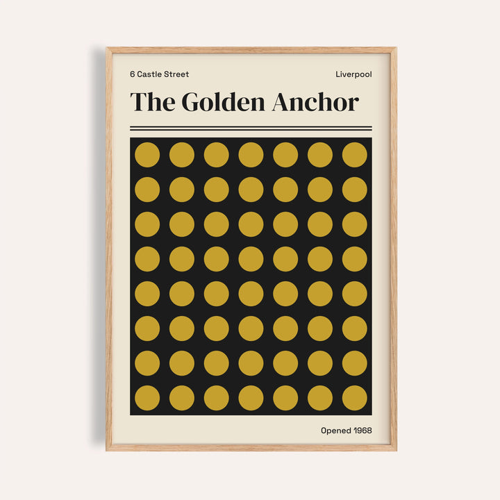 Liverpool print of The Golden Anchor with rows of gold dots on deep black