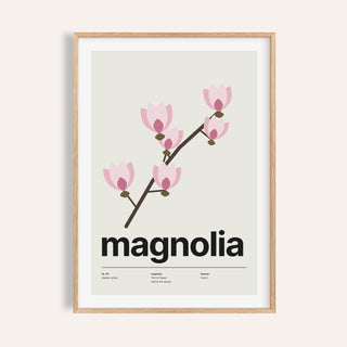Magnolia flower print shown on a plain warm cream wall