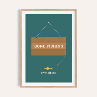 Gone fishing sign print shown on a plain warm cream wall