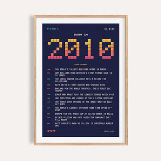 2010 pixel art print in arcade sunset colours on a plain warm wall