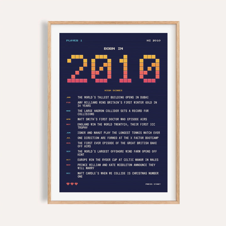 2010 pixel art print in arcade sunset colours on a plain warm wall