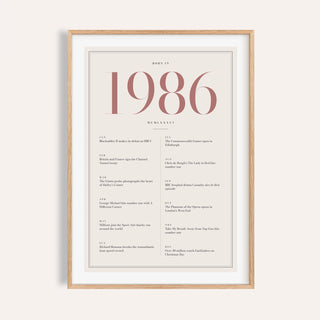 1986 year print with dusty rose numerals on cream on a plain warm wall