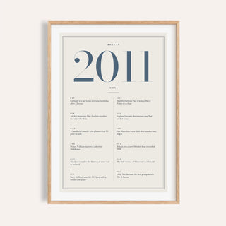 2011 year print with slate blue numerals on cream on a plain warm wall
