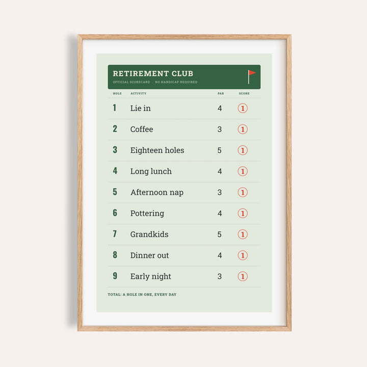 Retirement golf scorecard print shown on a plain warm cream wall
