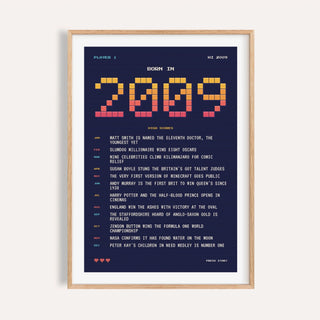 2009 pixel art print in arcade sunset colours on a plain warm wall