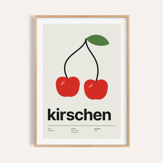 Pair of red cherries print shown on a plain warm wall