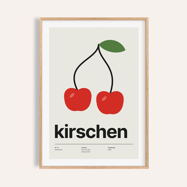 Pair of red cherries print shown on a plain warm wall