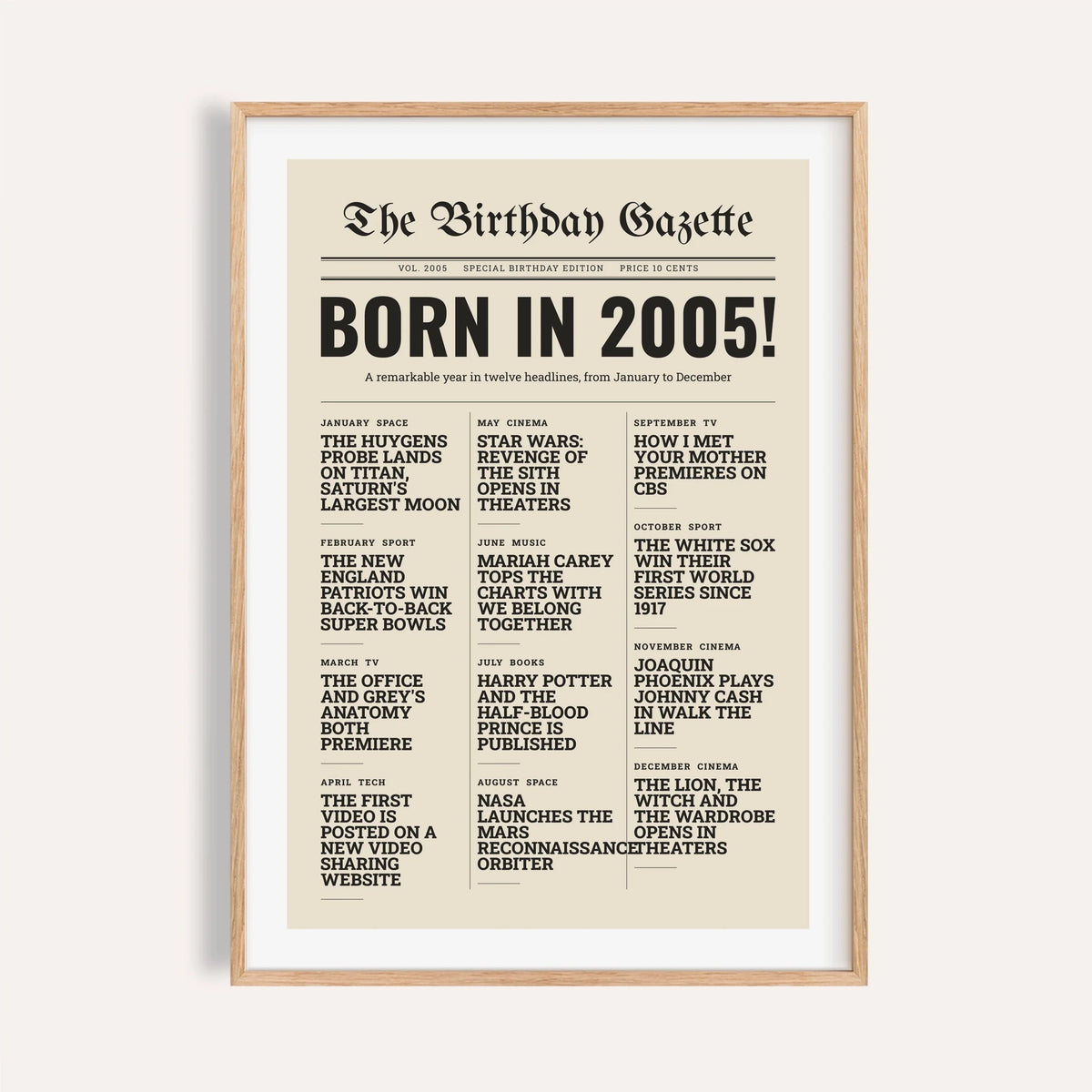 2005 print styled as a newspaper front page on a plain warm wall
