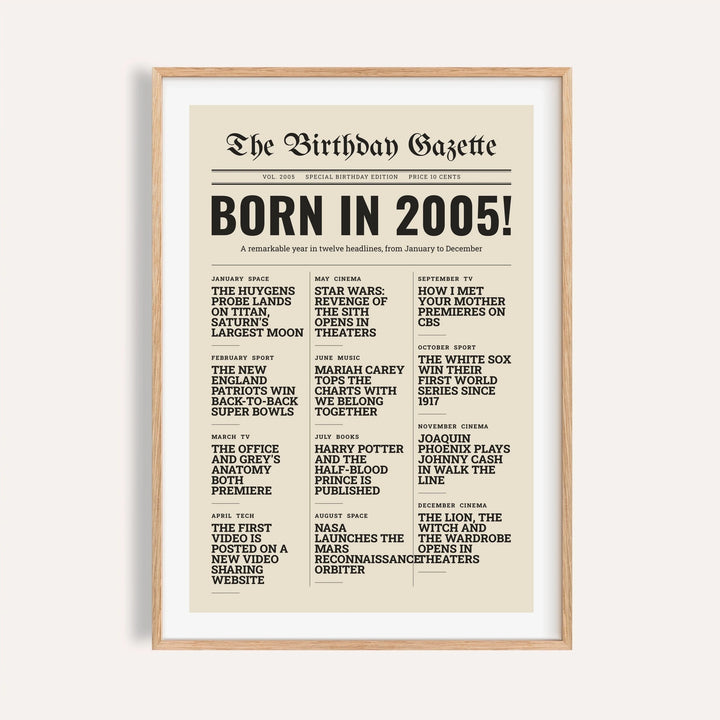 2005 print styled as a newspaper front page on a plain warm wall