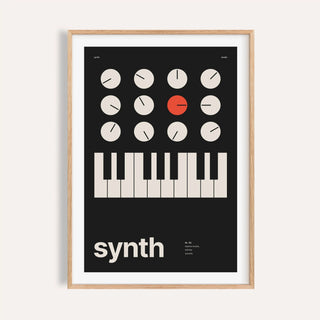 Synthesiser knobs and keys print shown on a plain warm wall