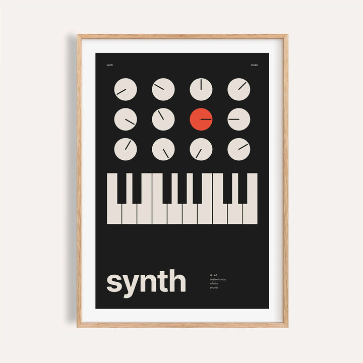 Synthesiser knobs and keys print shown on a plain warm wall