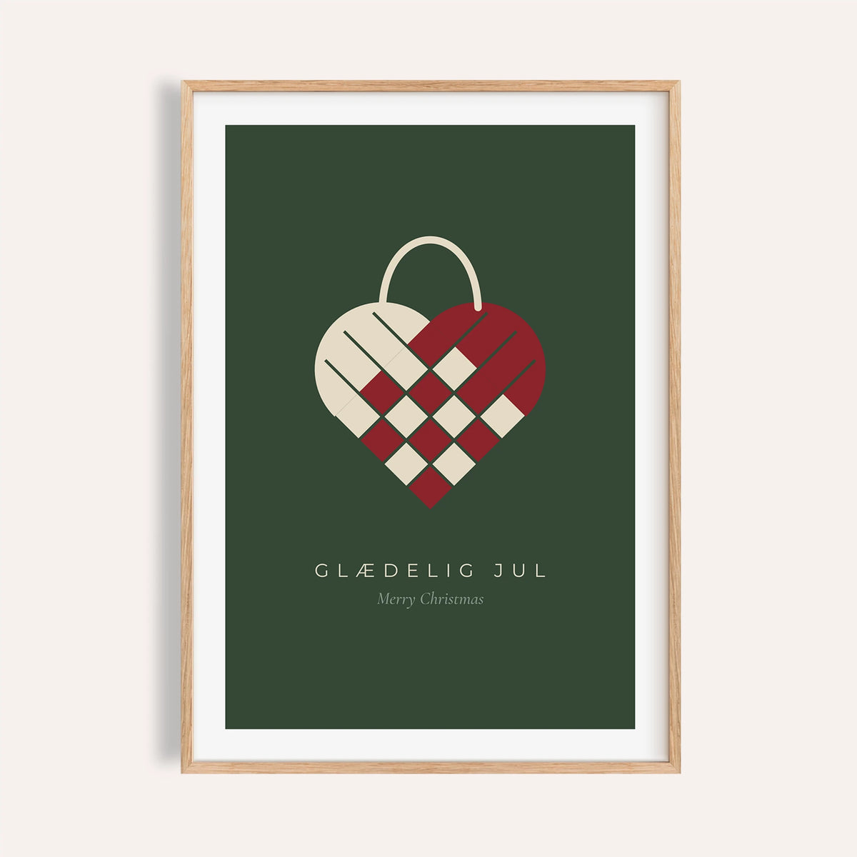 Woven paper heart Christmas print shown on a plain warm wall