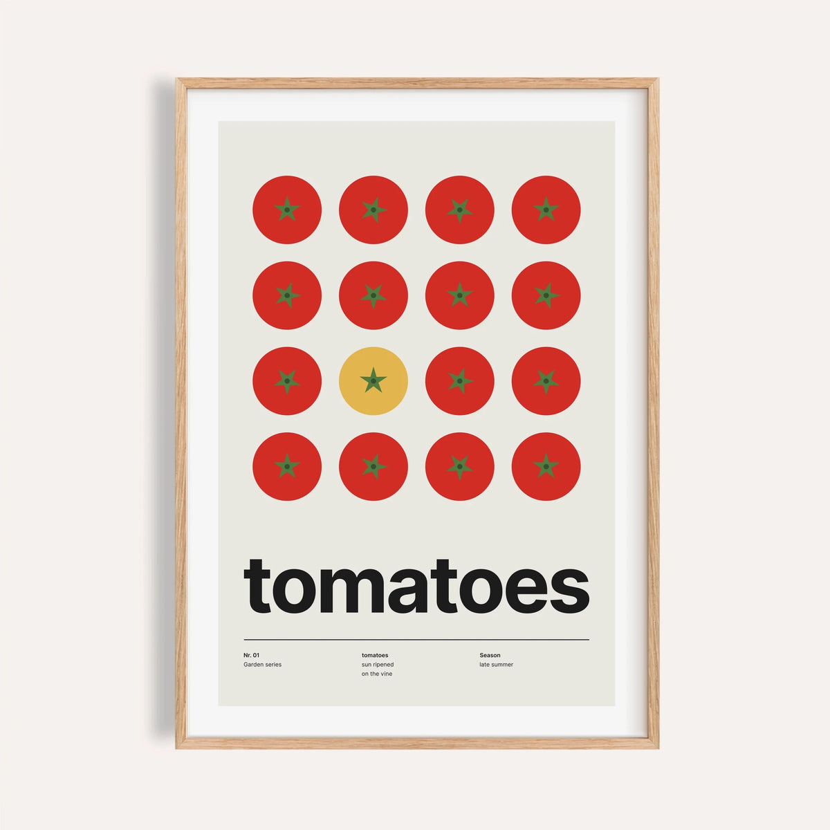 Swiss style tomato print shown on a plain warm cream wall
