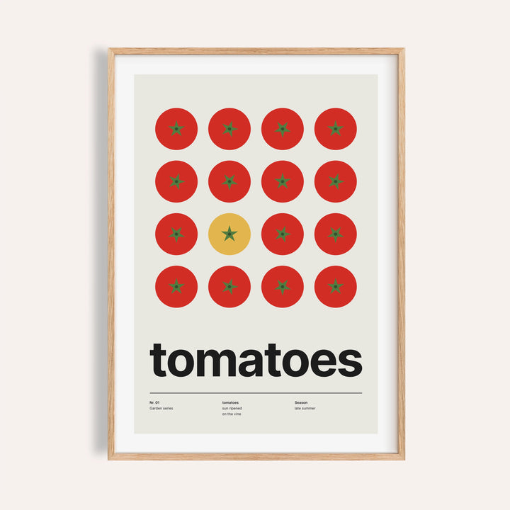 Swiss style tomato print shown on a plain warm cream wall