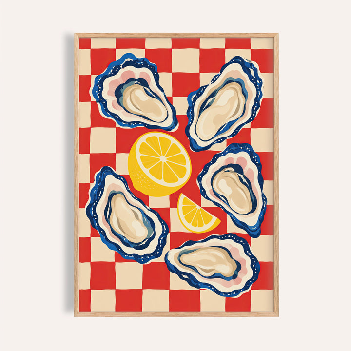 Oyster print with five blue oysters and a lemon on a red checkerboard