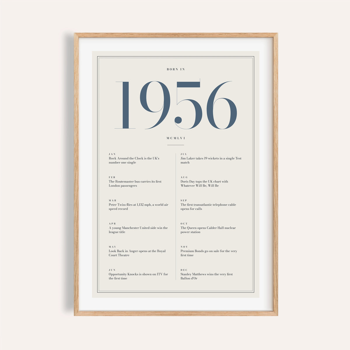 1956 year print with slate blue numerals on cream on a plain warm wall