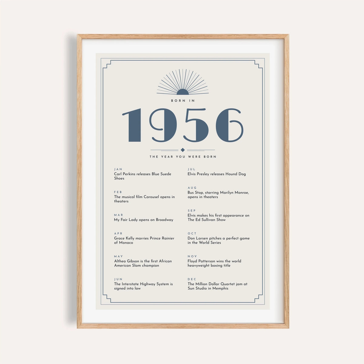 1956 Art Deco print with slate blue numerals on a plain warm wall