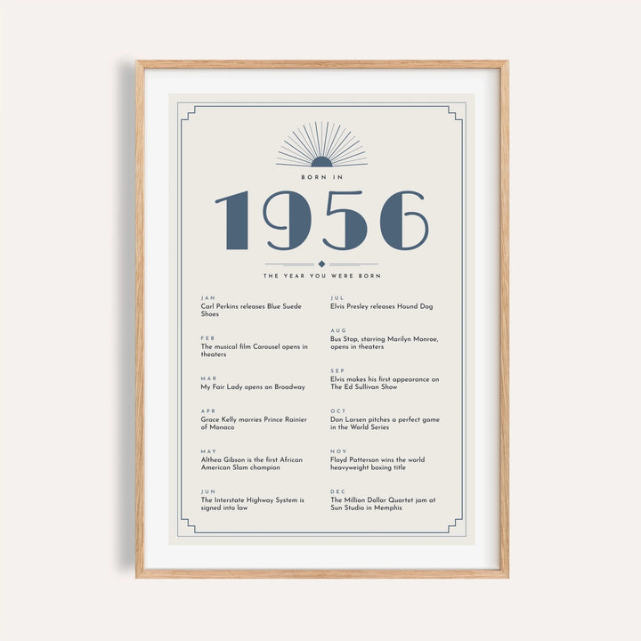 1956 Art Deco print with slate blue numerals on a plain warm wall
