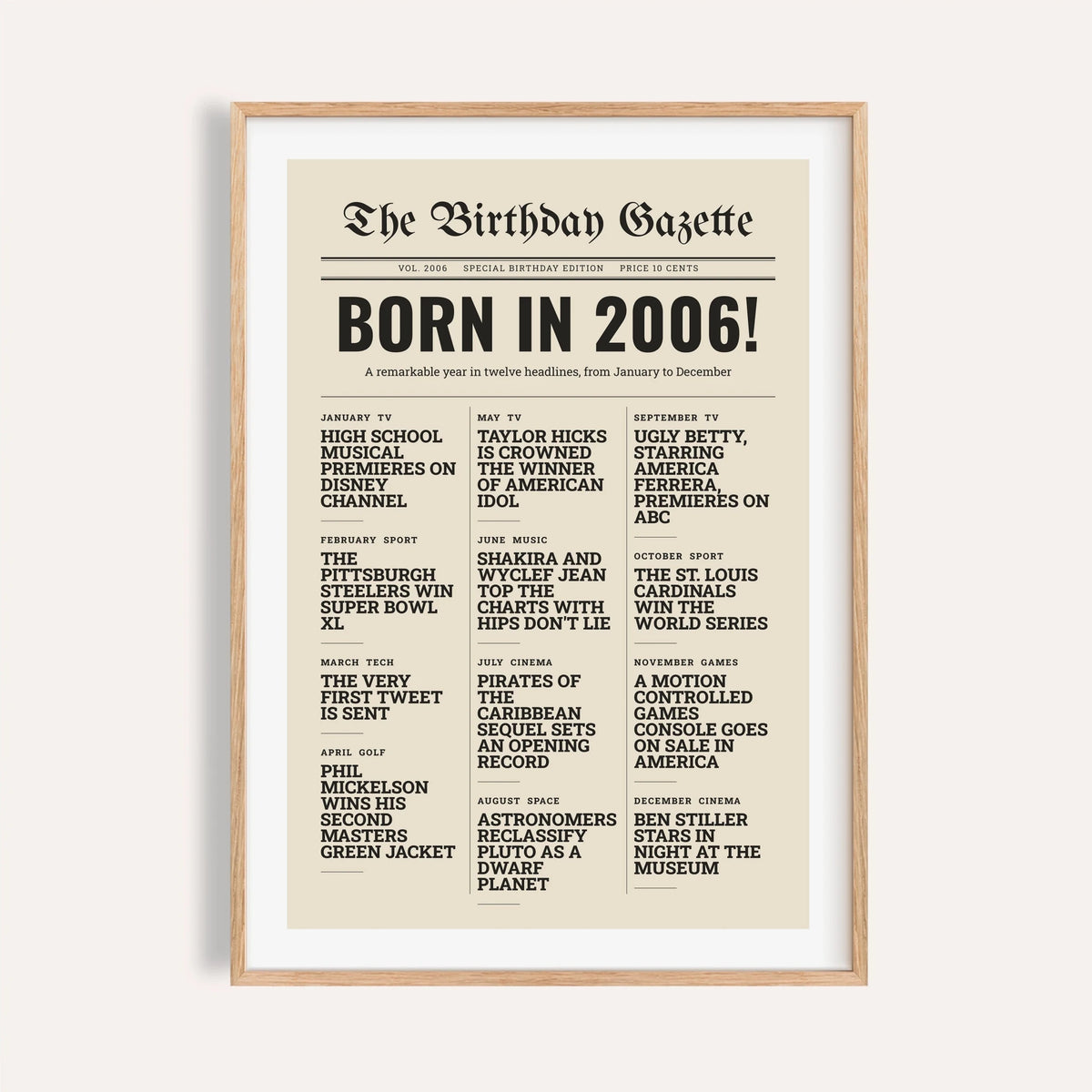 2006 print styled as a newspaper front page on a plain warm wall