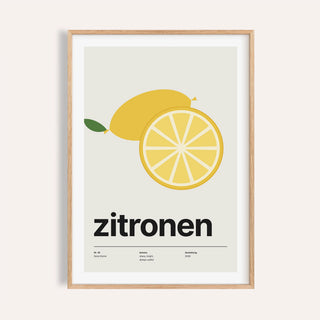 Whole lemon and lemon slice print shown on a plain warm wall