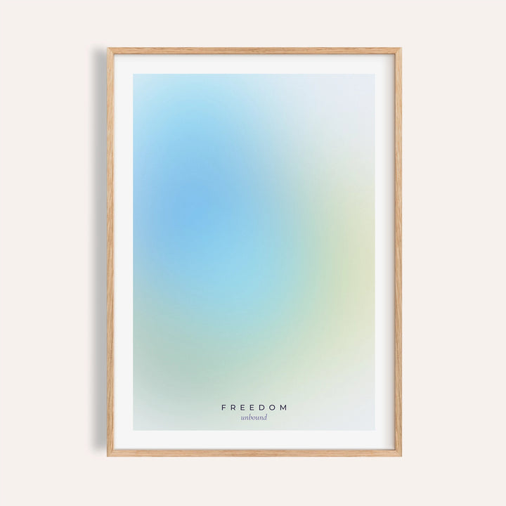 Sky blue and lime gradient print shown on a plain warm wall