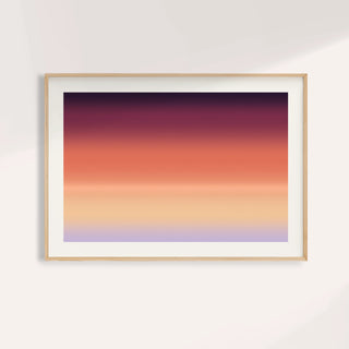 Horizon print fading from deep aubergine through coral and peach to soft lilac