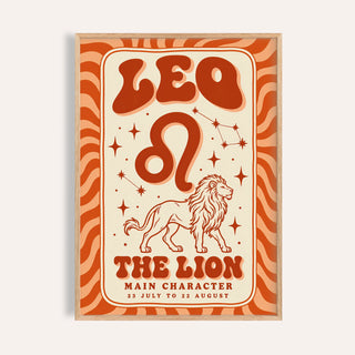 Leo poster with melty LEO lettering, a line drawn lion and orange stripes