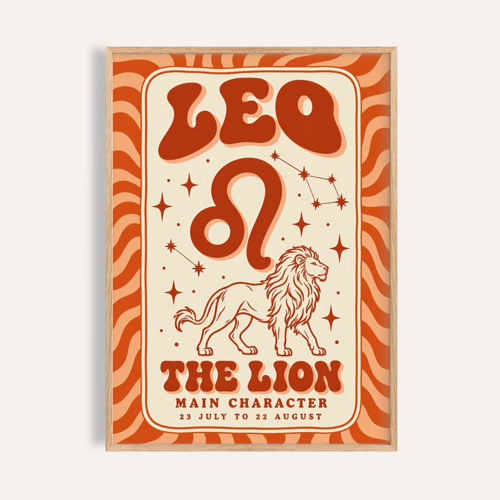 Leo poster with melty LEO lettering, a line drawn lion and orange stripes
