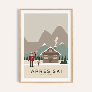 Retro apres ski chalet print shown on a plain warm wall