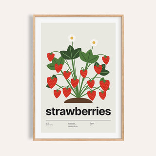Strawberry plant print shown on a plain warm cream wall