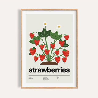 Strawberry plant print shown on a plain warm cream wall