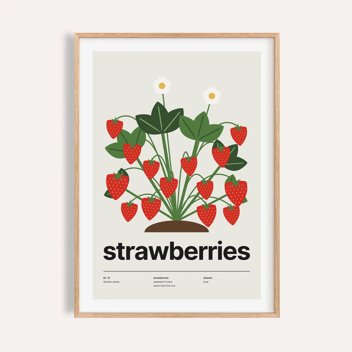 Strawberry plant print shown on a plain warm cream wall