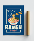 Ramen Poster featuring blue, white, pink tones for cafe wall art