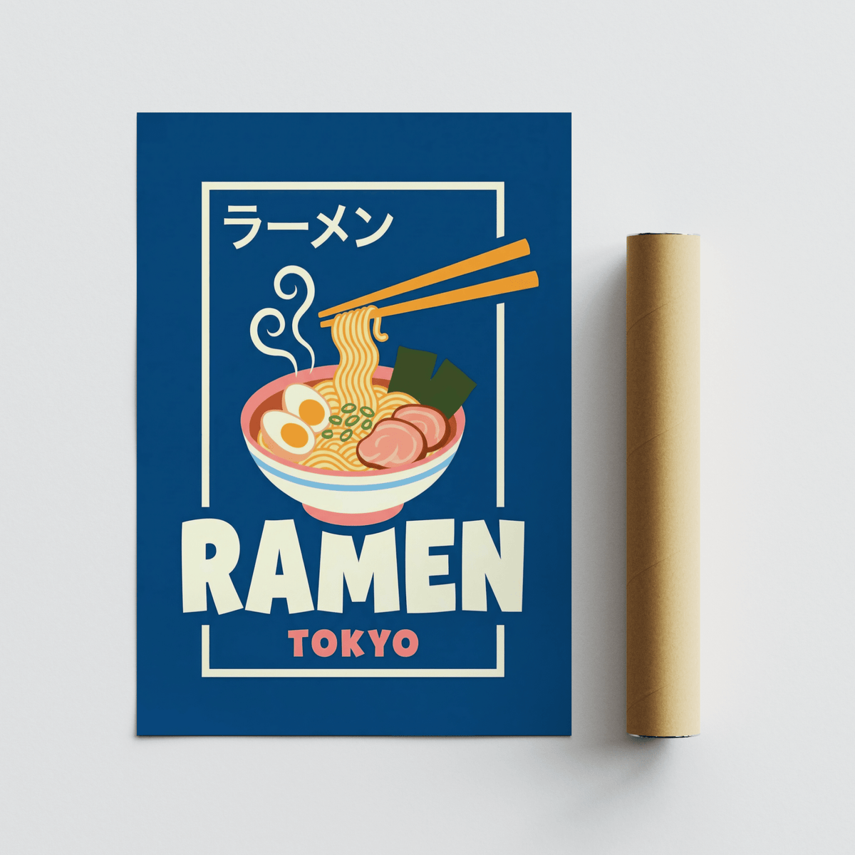 Ramen Poster featuring blue, white, pink tones for cafe wall art