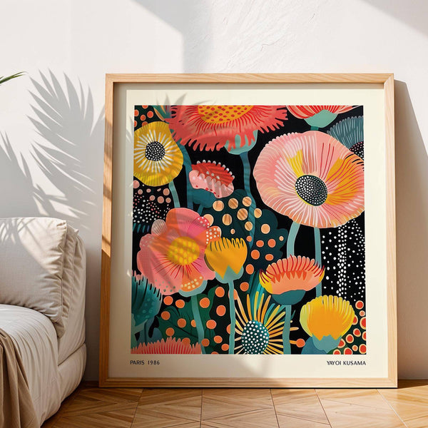 Bedroom with artistic flowers poster in vivid tones