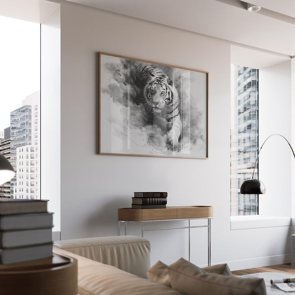 Bold tiger face in grayscale ink brush style, featured in a landscape tiger print.