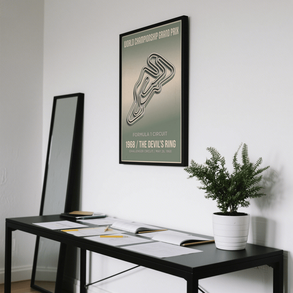 Displaying a graphic track map, motorsport wall poster print with block typography and a textured background