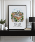 Urban illustration poster showing steps in the foreground leading toward Zagreb historic center buildings