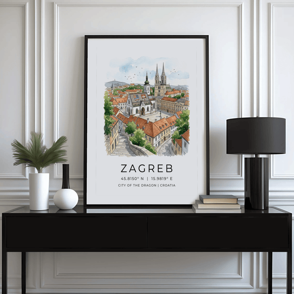 Urban illustration poster showing steps in the foreground leading toward Zagreb historic center buildings